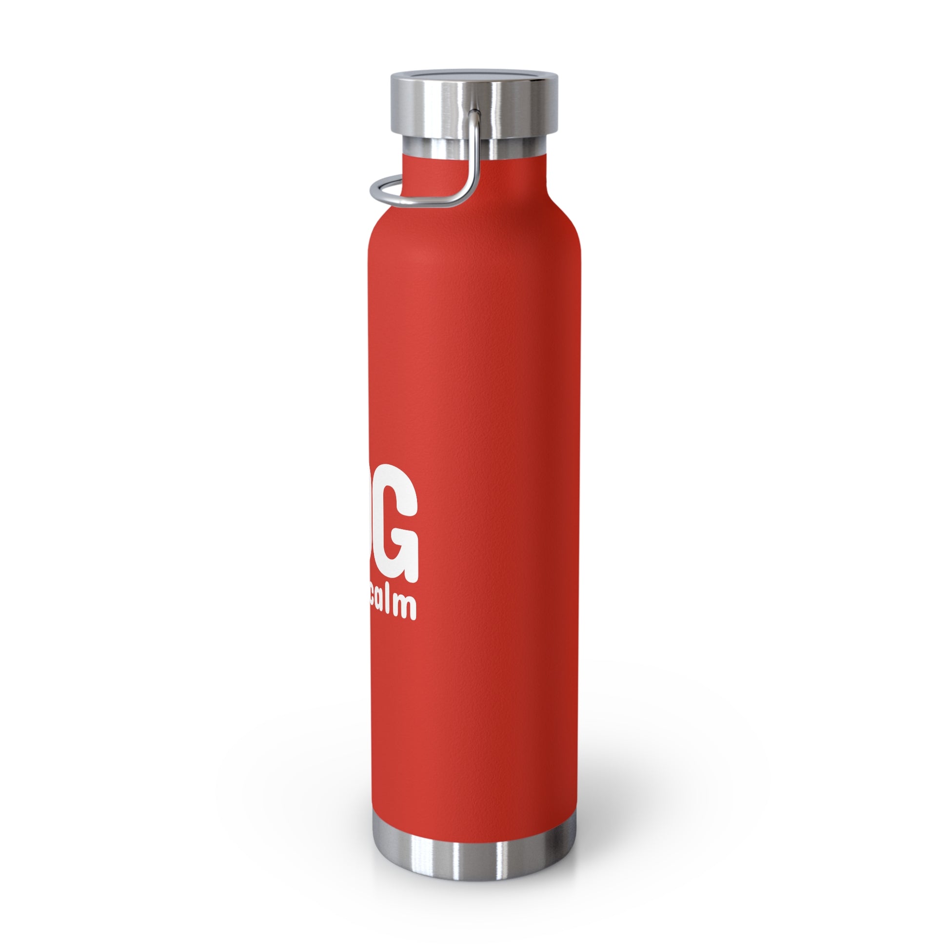 Red water bottle with a silver cap on a white background