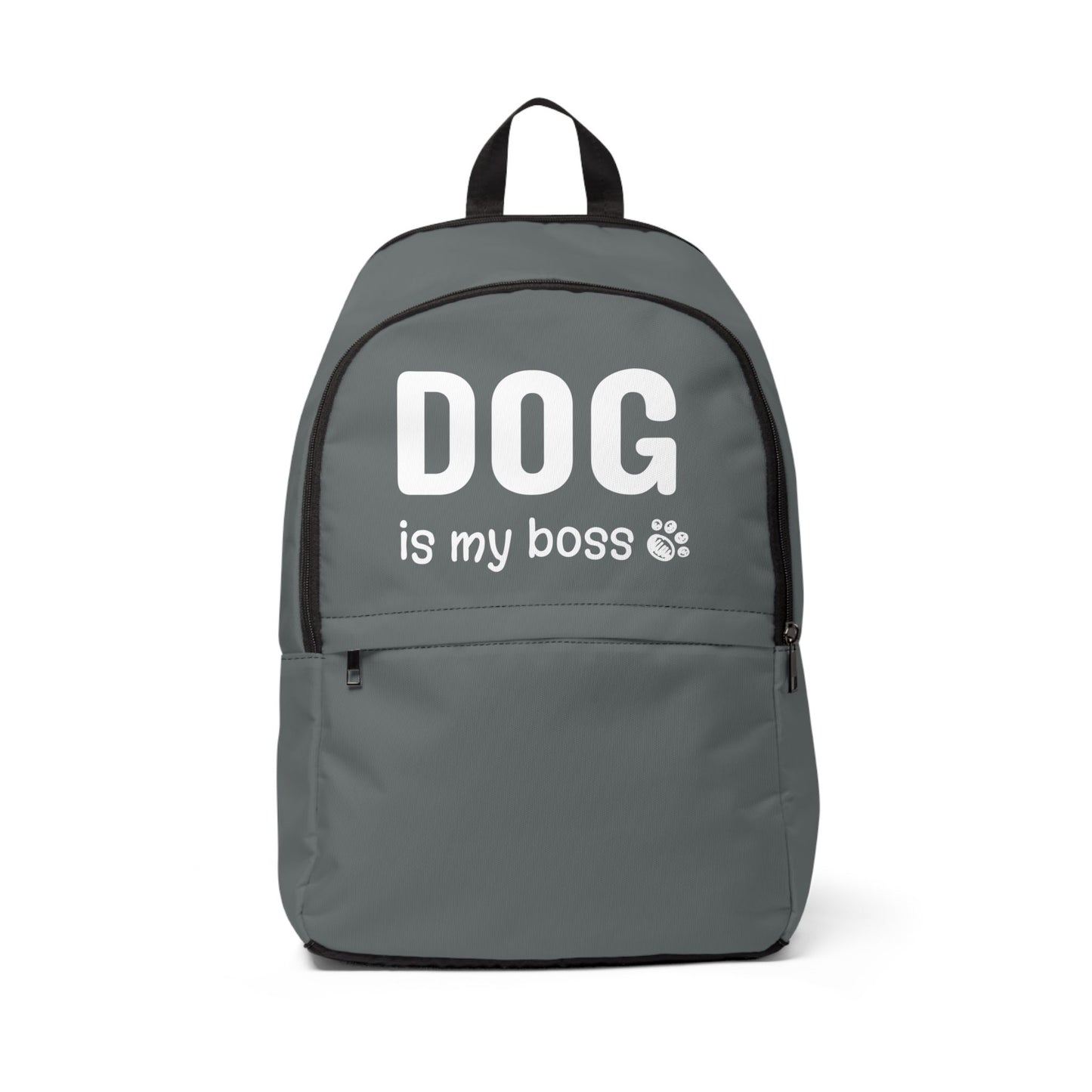 Gray backpack with 'DOG is my boss' text on a white background