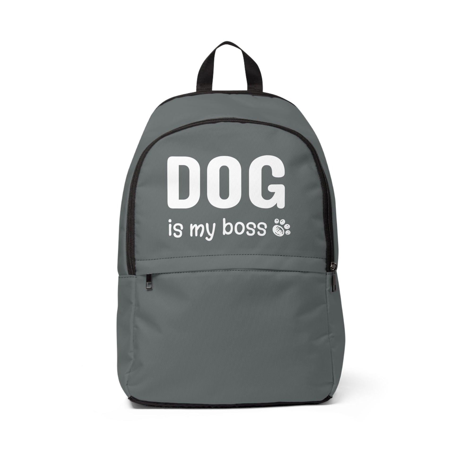 Gray backpack with 'DOG is my boss' text on a white background