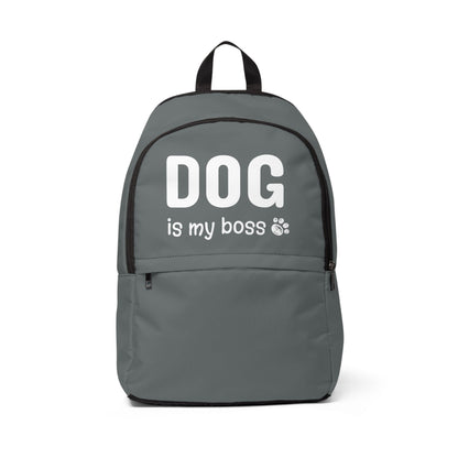 Gray backpack with 'DOG is my boss' text on a white background