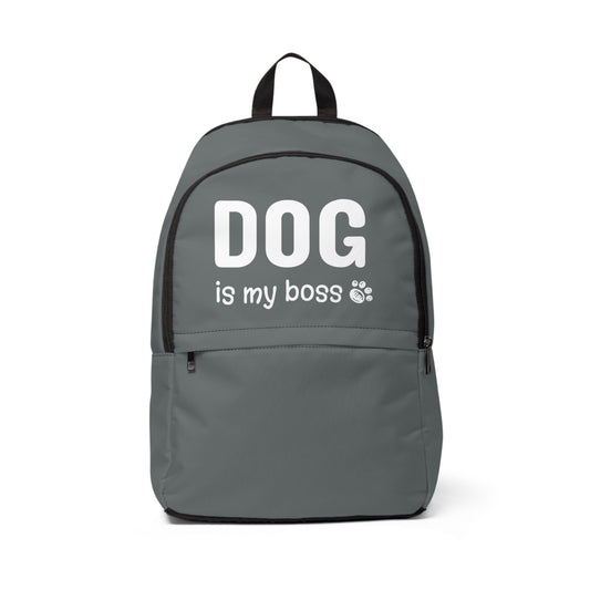 Gray backpack with 'DOG is my boss' text on a white background
