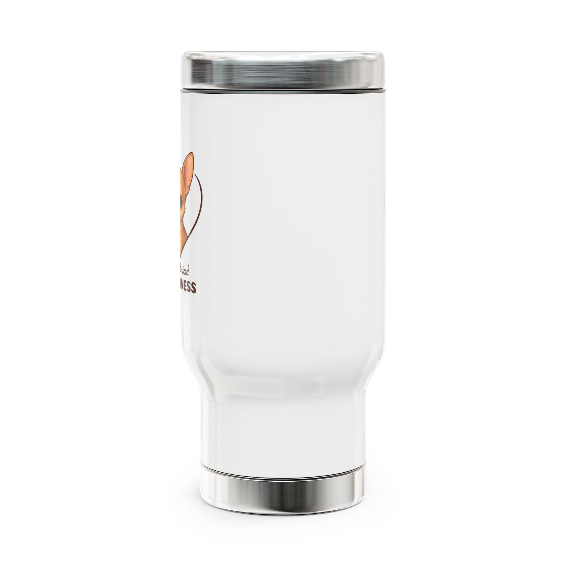 White tumbler with a design and text on a white background