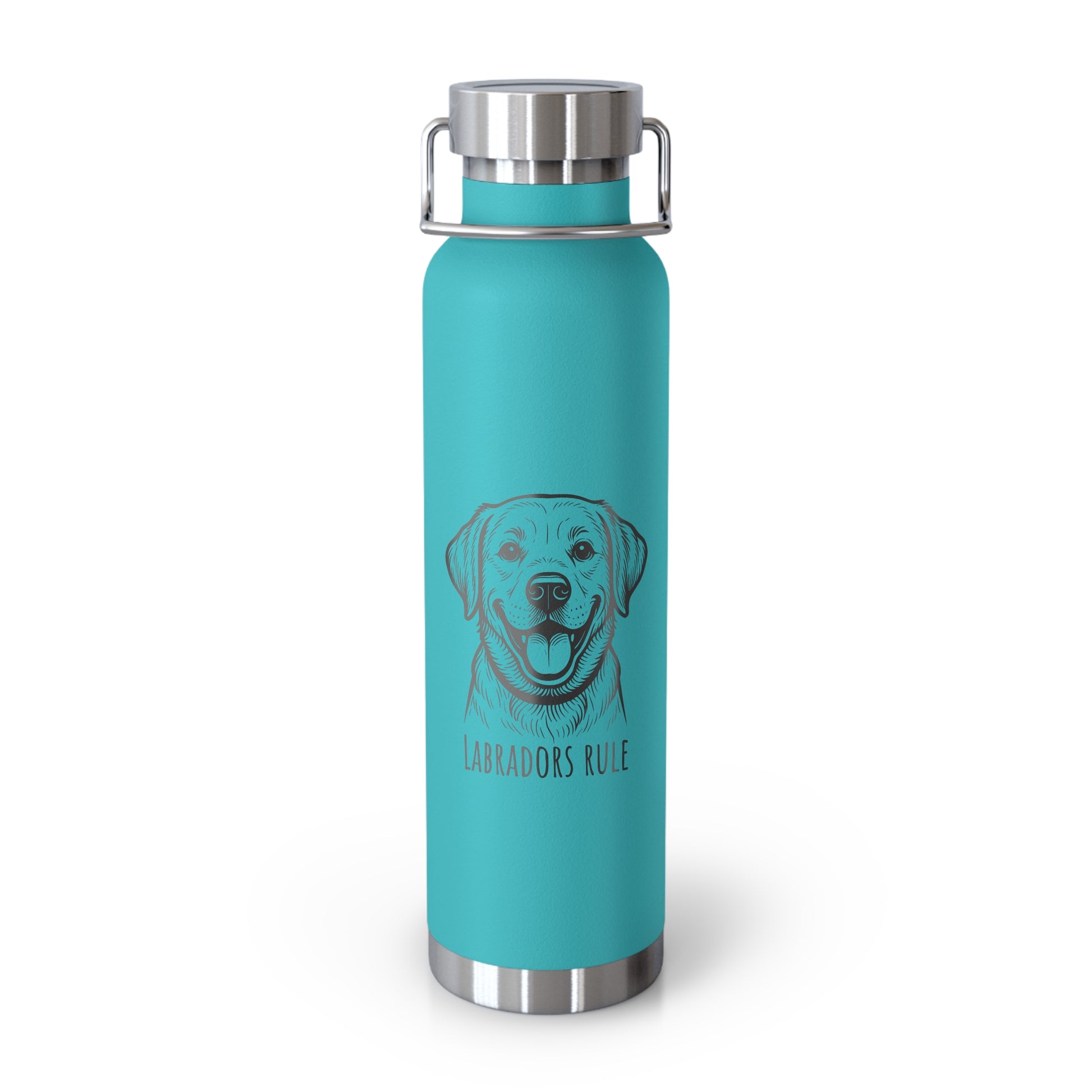 Turquoise water bottle with a dog illustration and 'Labradors Rule' text on a white background