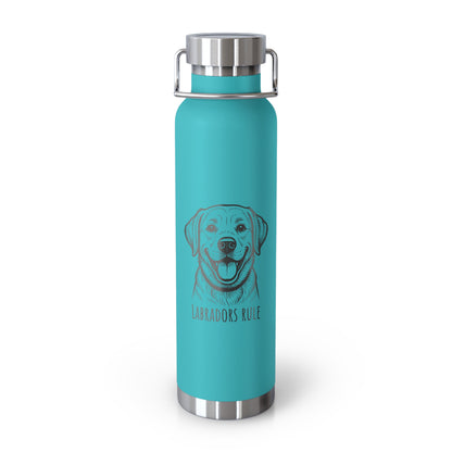 Turquoise water bottle with a dog illustration and 'Labradors Rule' text on a white background