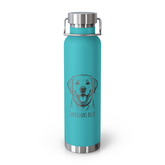 Turquoise water bottle with a dog illustration and 'Labradors Rule' text on a white background