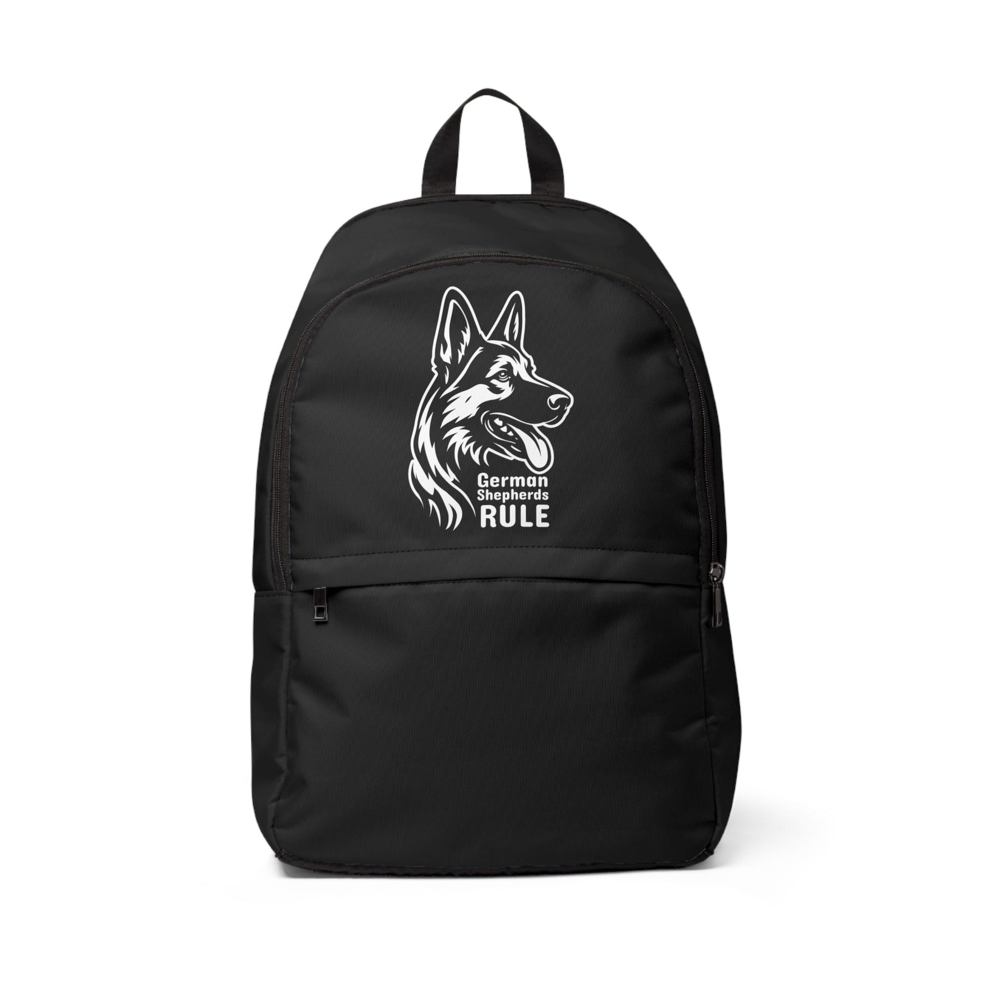 Black backpack with a German Shepherd design and 'German Shepherd Rule' text on a white background