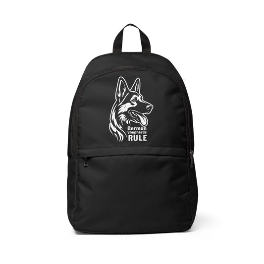 Black backpack with a German Shepherd design and 'German Shepherd Rule' text on a white background