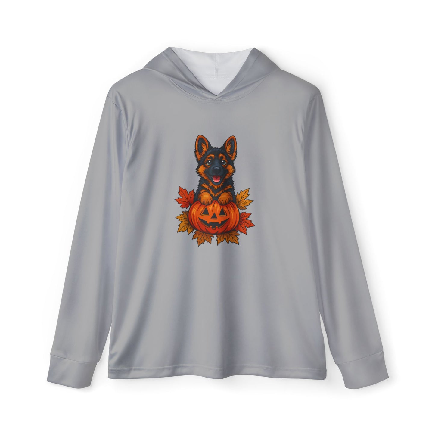 Gray hoodie with a dog and pumpkin design on a white background