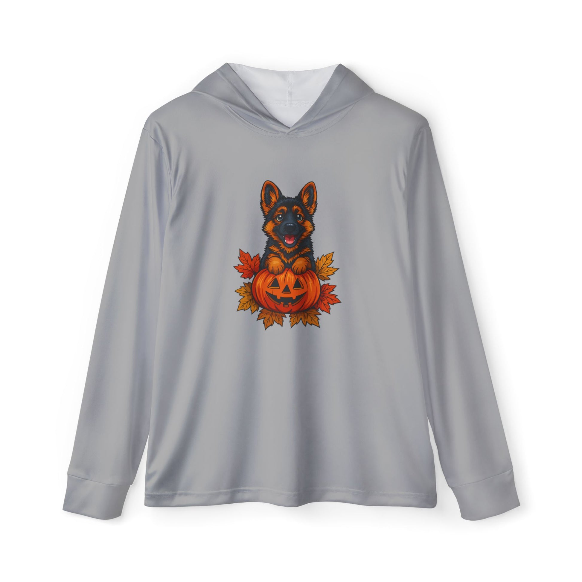 Gray hoodie with a dog and pumpkin design on a white background