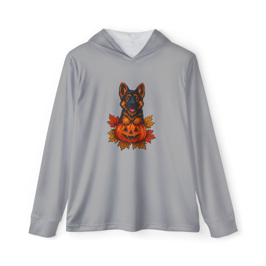 Gray hoodie with a dog and pumpkin design on a white background