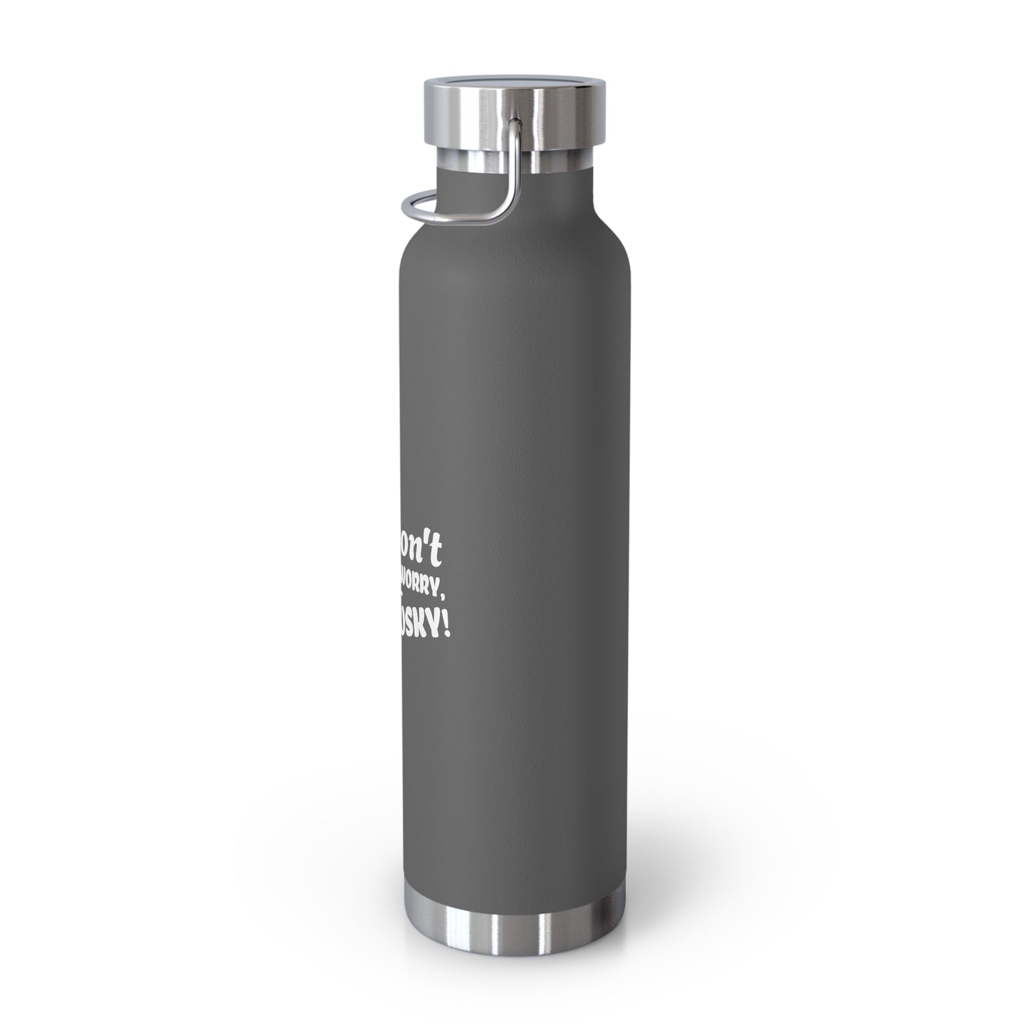 Gray water bottle with white text on a white background