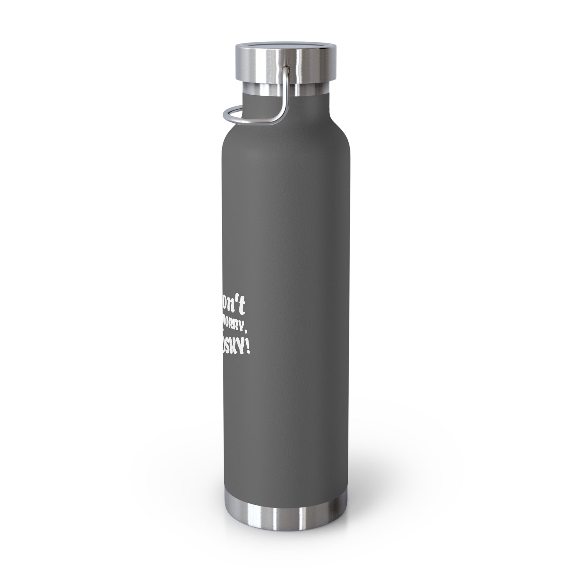 Gray water bottle with white text on a white background