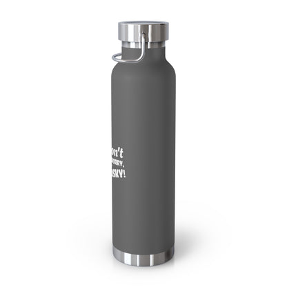 Gray water bottle with white text on a white background