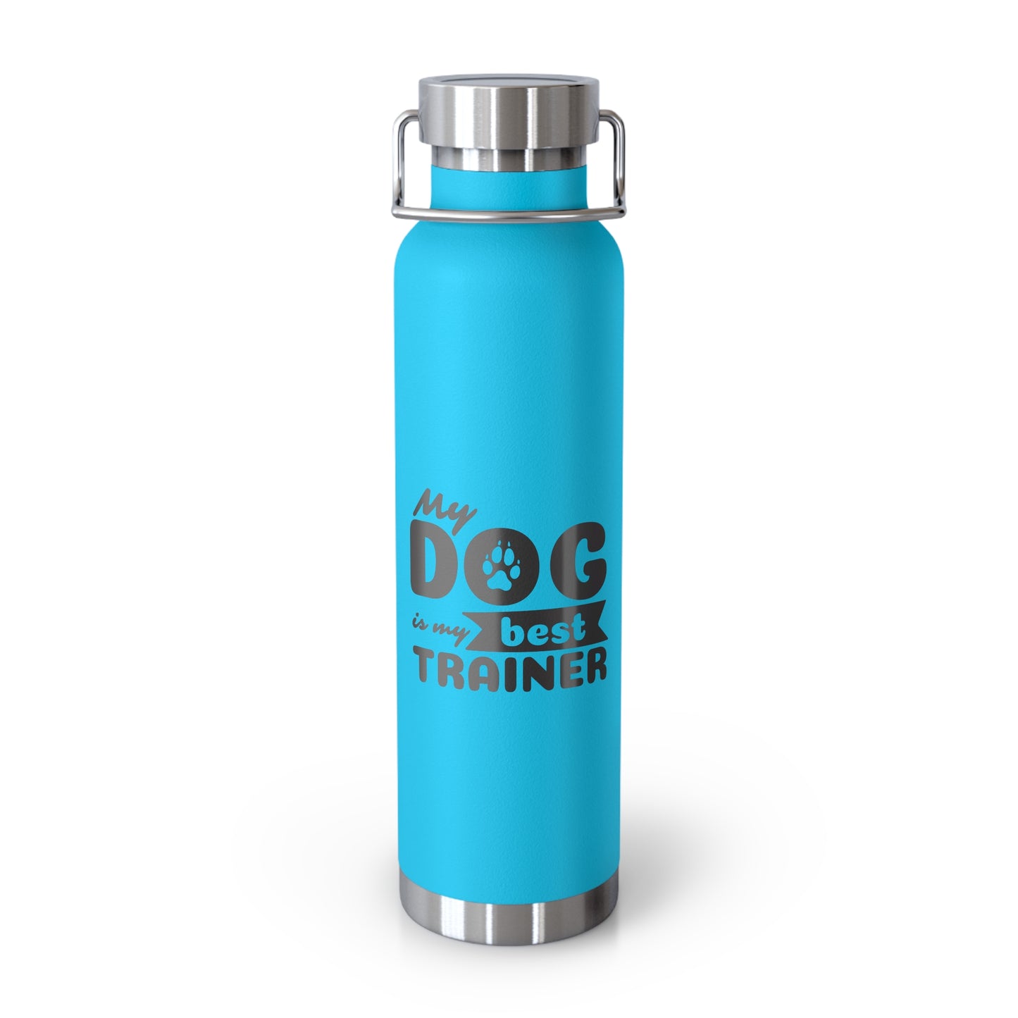 Blue water bottle with 'My dog is our best trainer' text on a white background