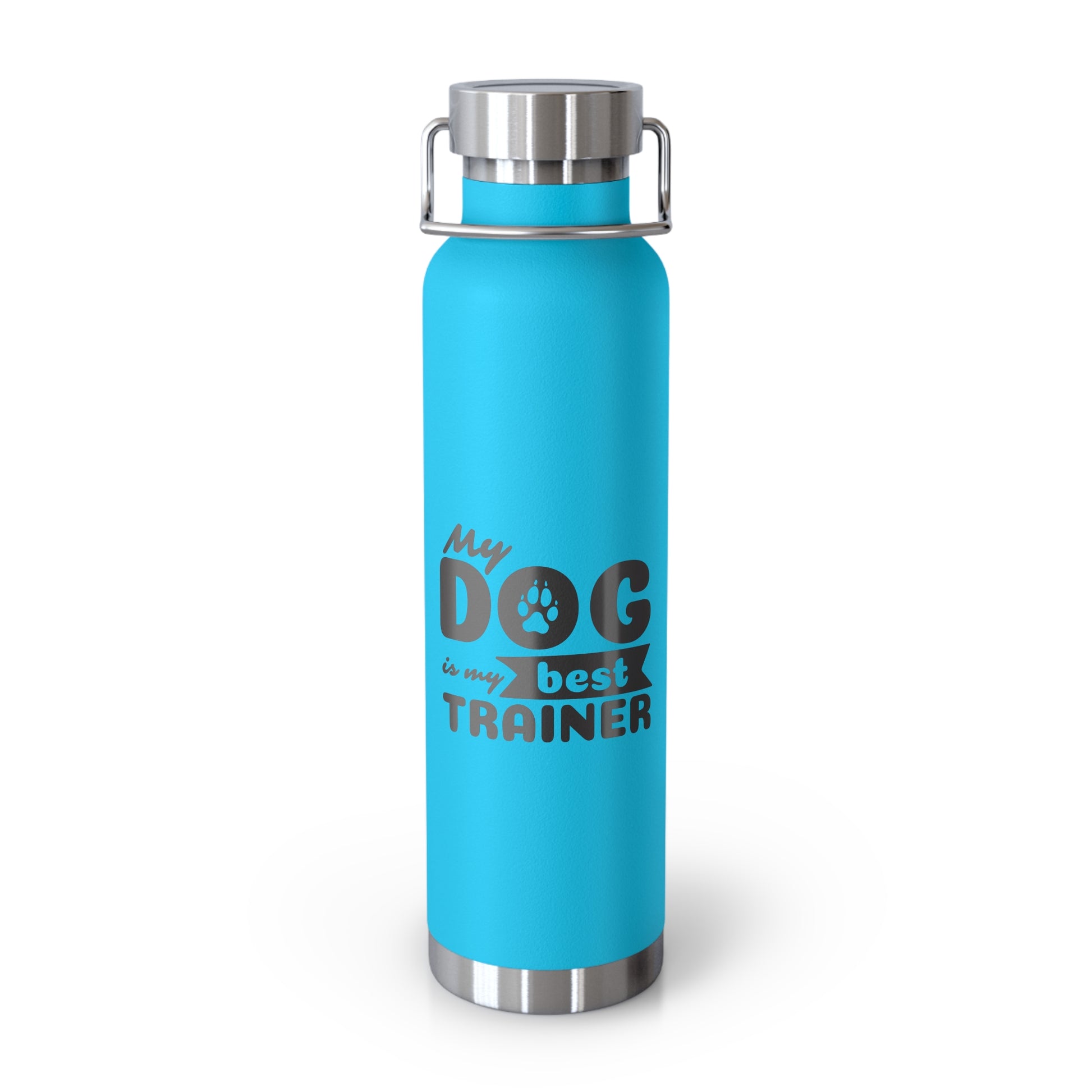 Blue water bottle with 'My dog is our best trainer' text on a white background