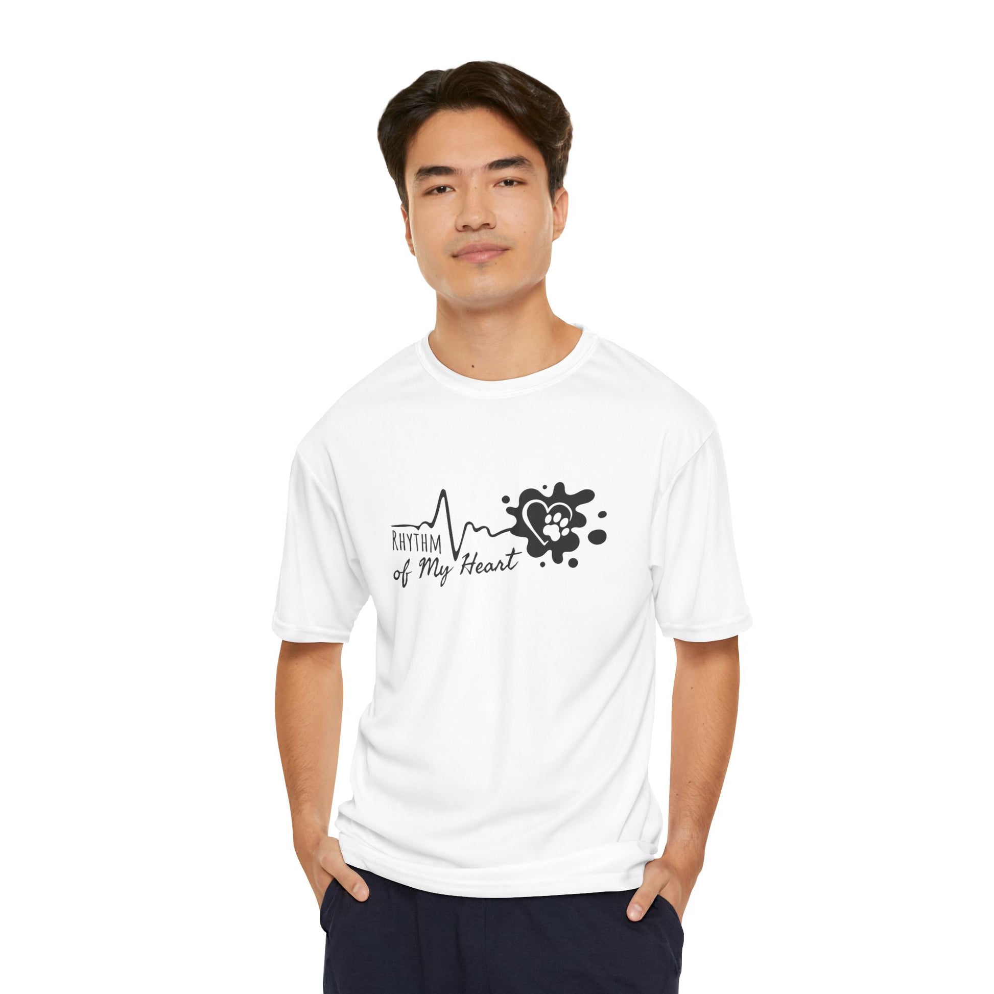 Man wearing a white t-shirt with a graphic design on a white background