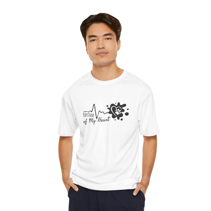 Man wearing a white t-shirt with a graphic design on a white background