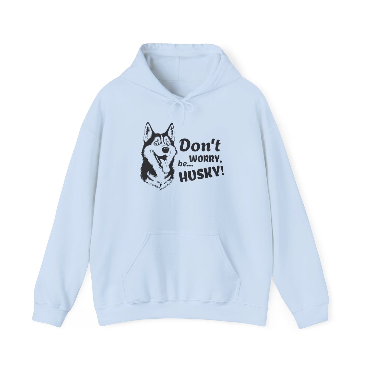 Light blue hoodie with husky graphic and text on a white background