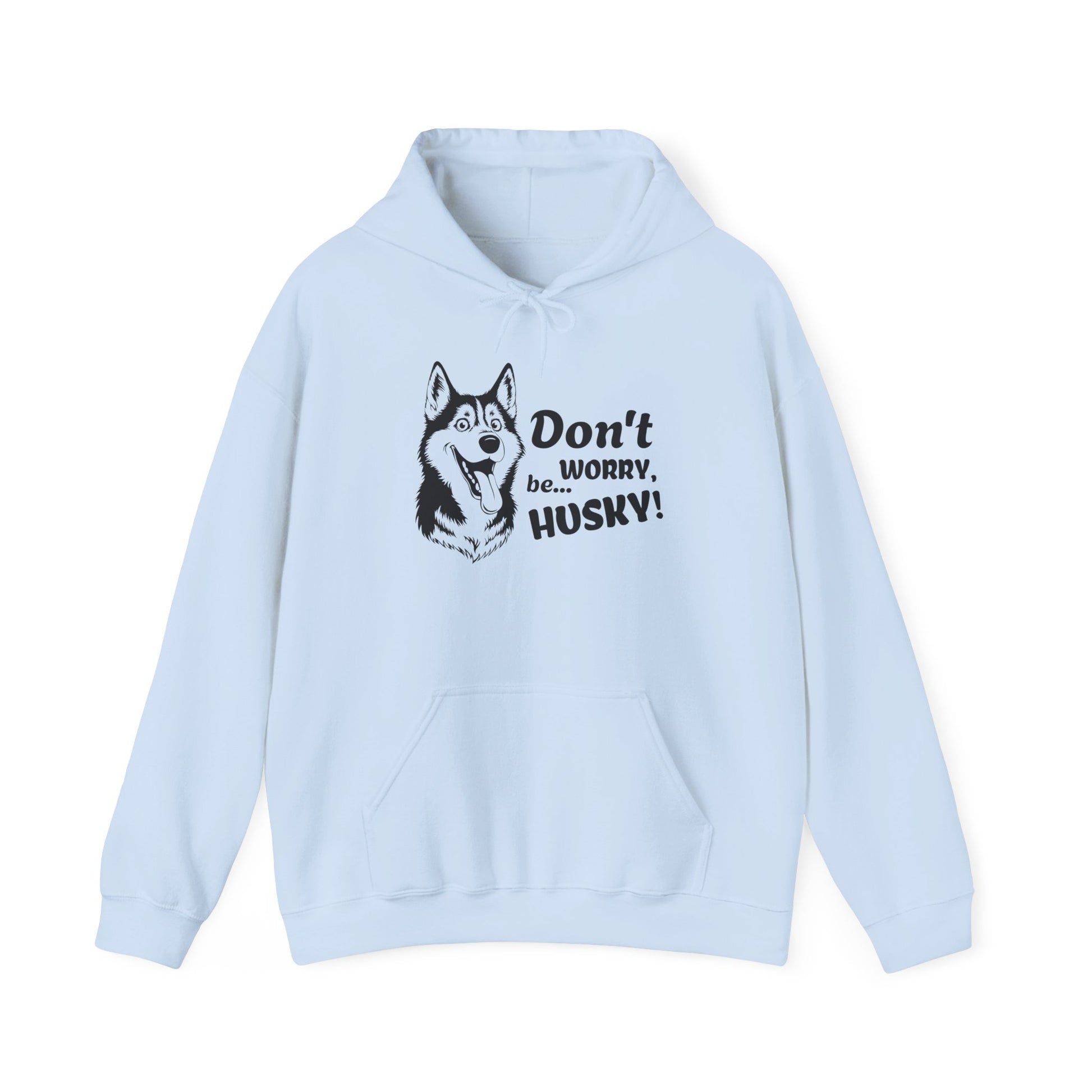 Light blue hoodie with husky graphic and text on a white background