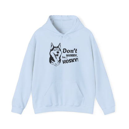 Light blue hoodie with husky graphic and text on a white background