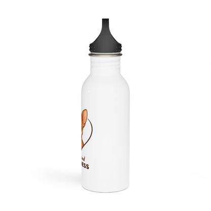 White water bottle with black lid featuring a graphic design on a white background