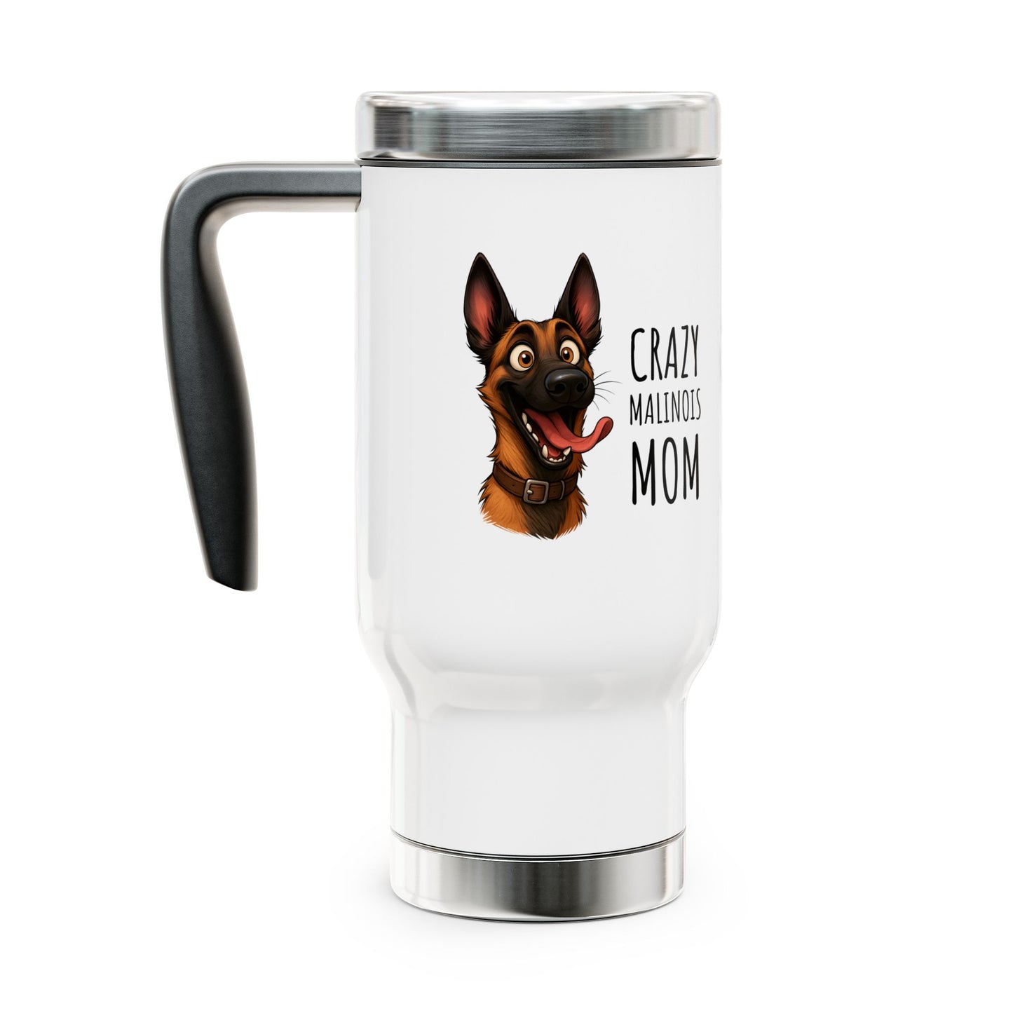 White travel mug with a dog illustration and text on a white background