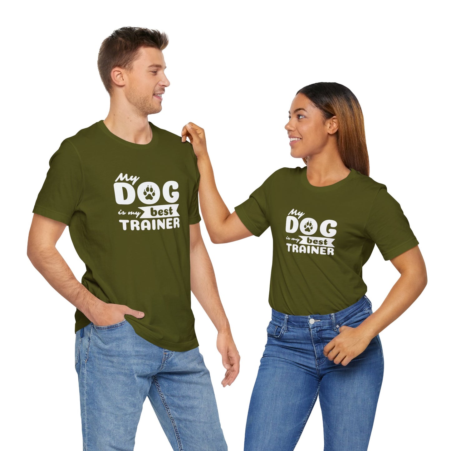 Two people wearing green t-shirts with 'My dog is my best trainer' text on a white background