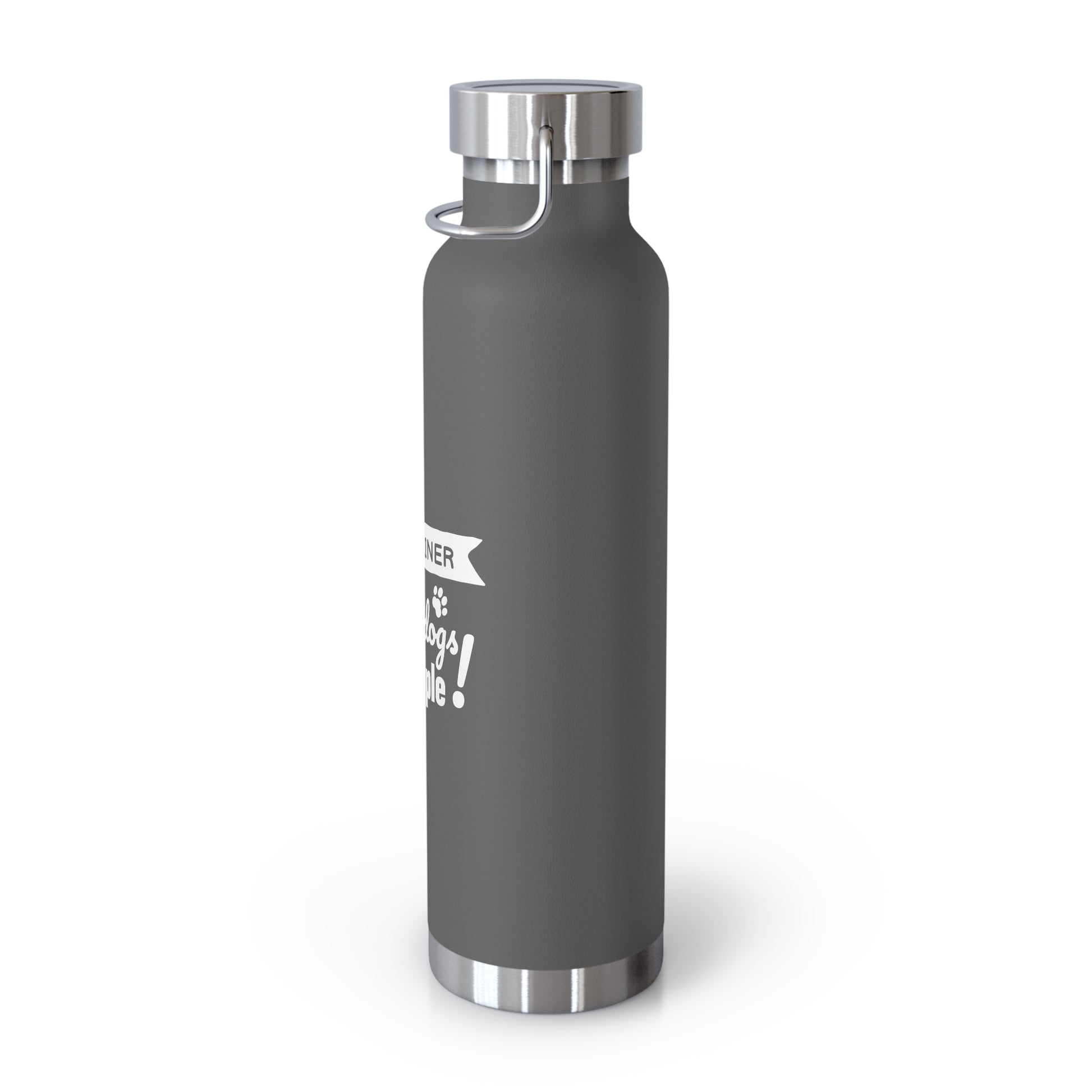 Gray water bottle with a silver cap on a white background