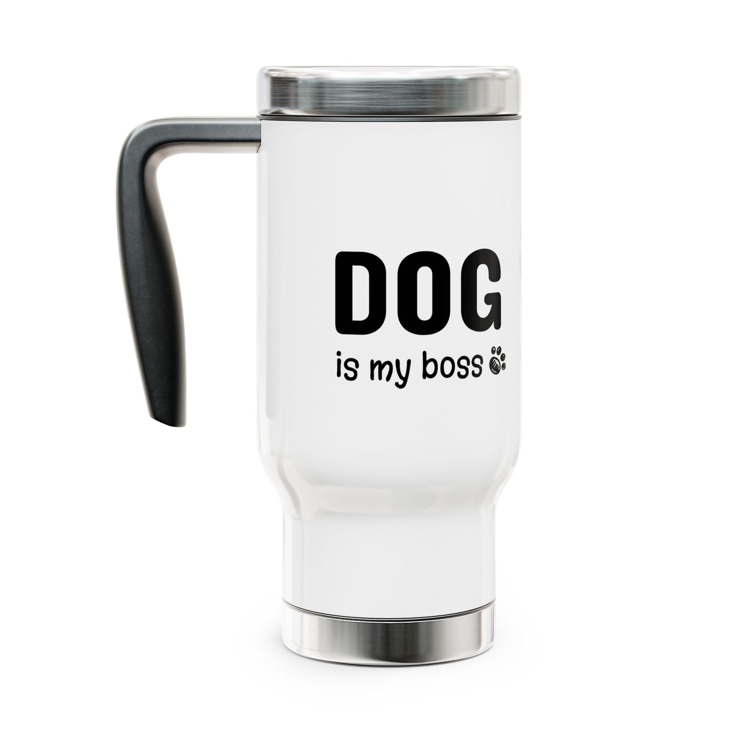 White travel mug with 'DOG is my boss' text on a white background