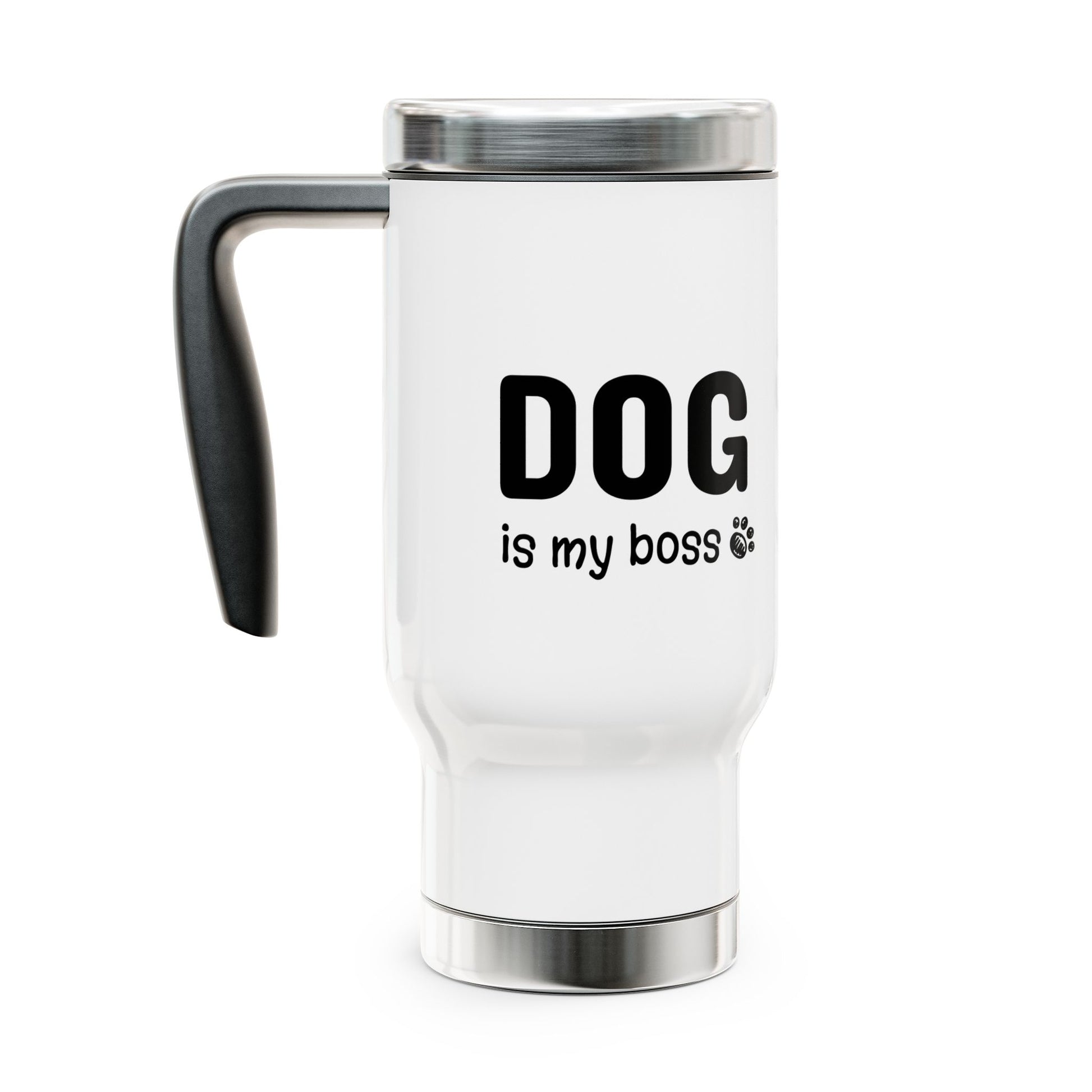 White travel mug with 'DOG is my boss' text on a white background
