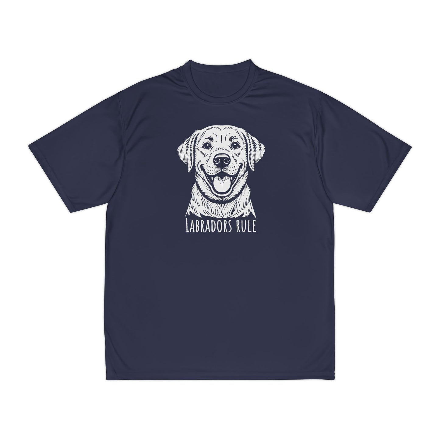 Navy blue t-shirt with a white labrador graphic and 'Labradors Rule' text on a white background