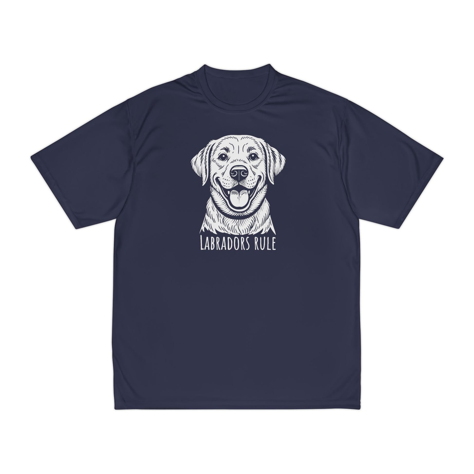 Navy blue t-shirt with a white labrador graphic and 'Labradors Rule' text on a white background