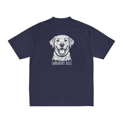 Navy blue t-shirt with a white labrador graphic and 'Labradors Rule' text on a white background