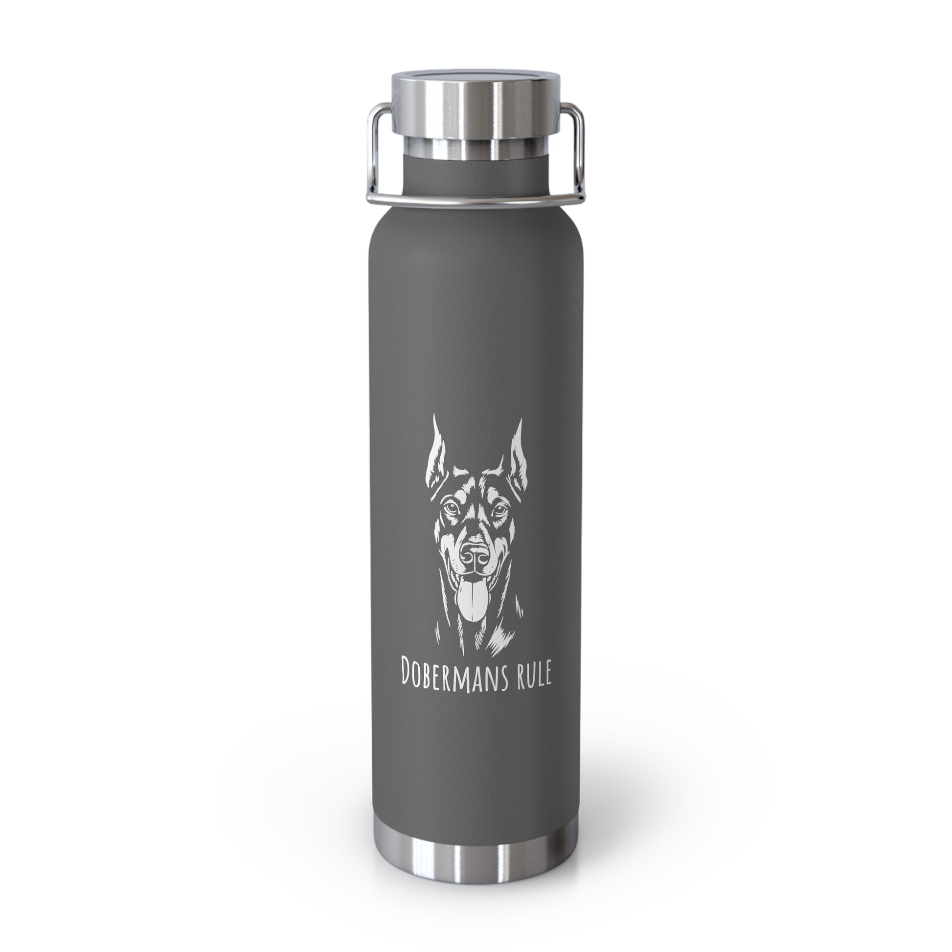 Gray water bottle with Doberman dog illustration and 'Dobermans Rule' text on a white background