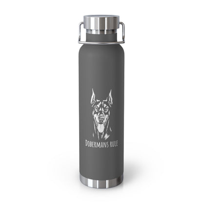 Gray water bottle with Doberman dog illustration and 'Dobermans Rule' text on a white background