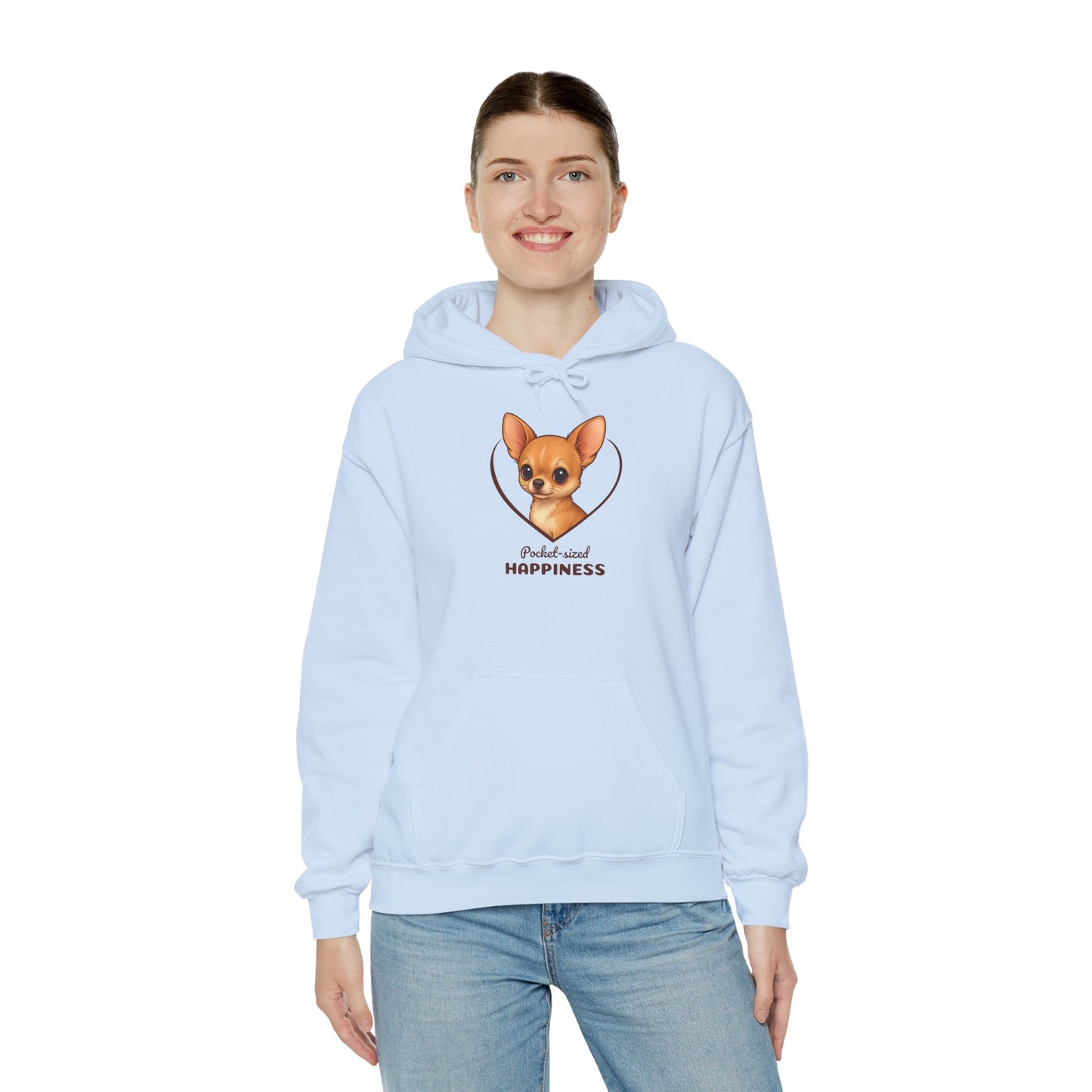 Person wearing a light blue hoodie with a dog graphic and text on a white background