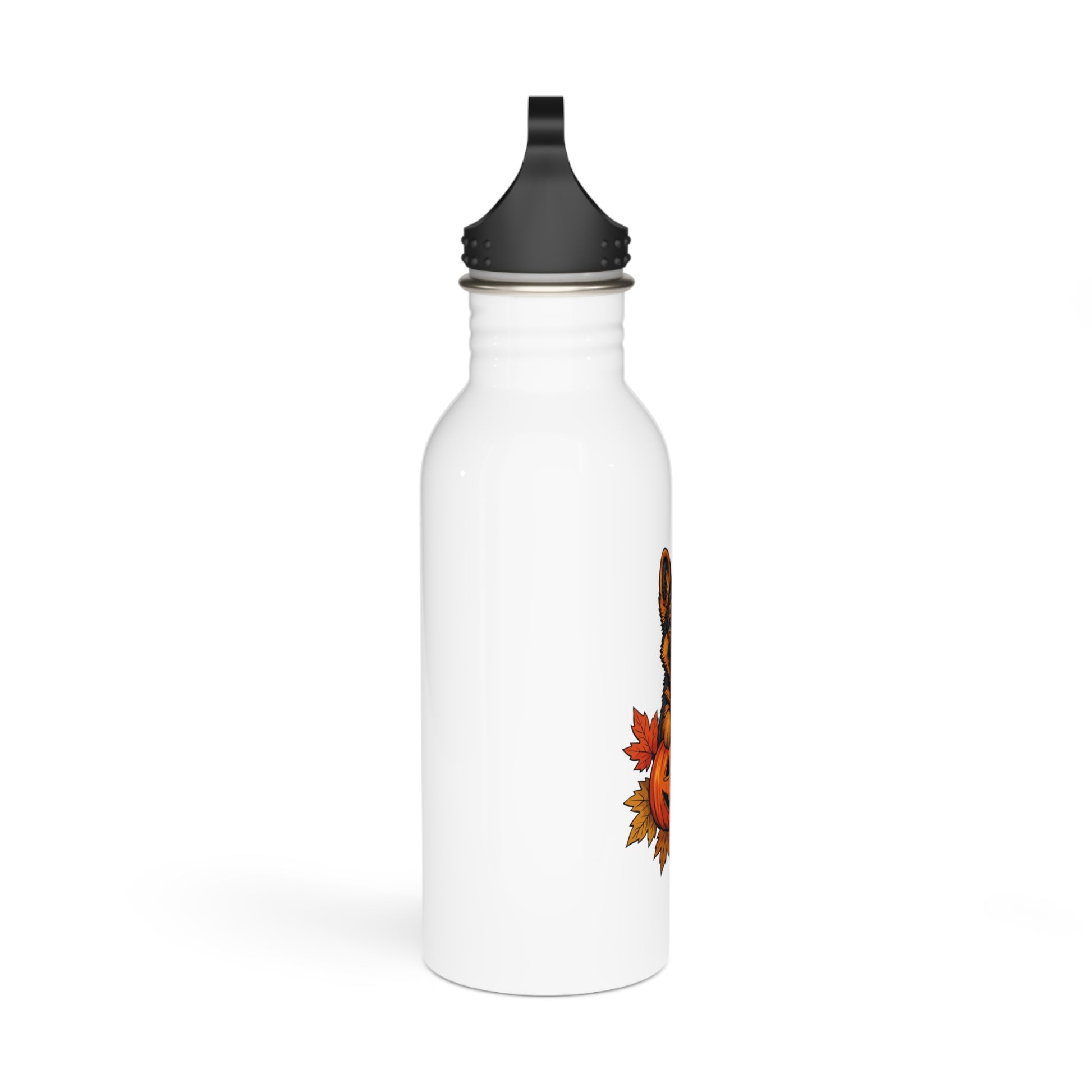 White water bottle with black lid and autumn leaf design on a white background