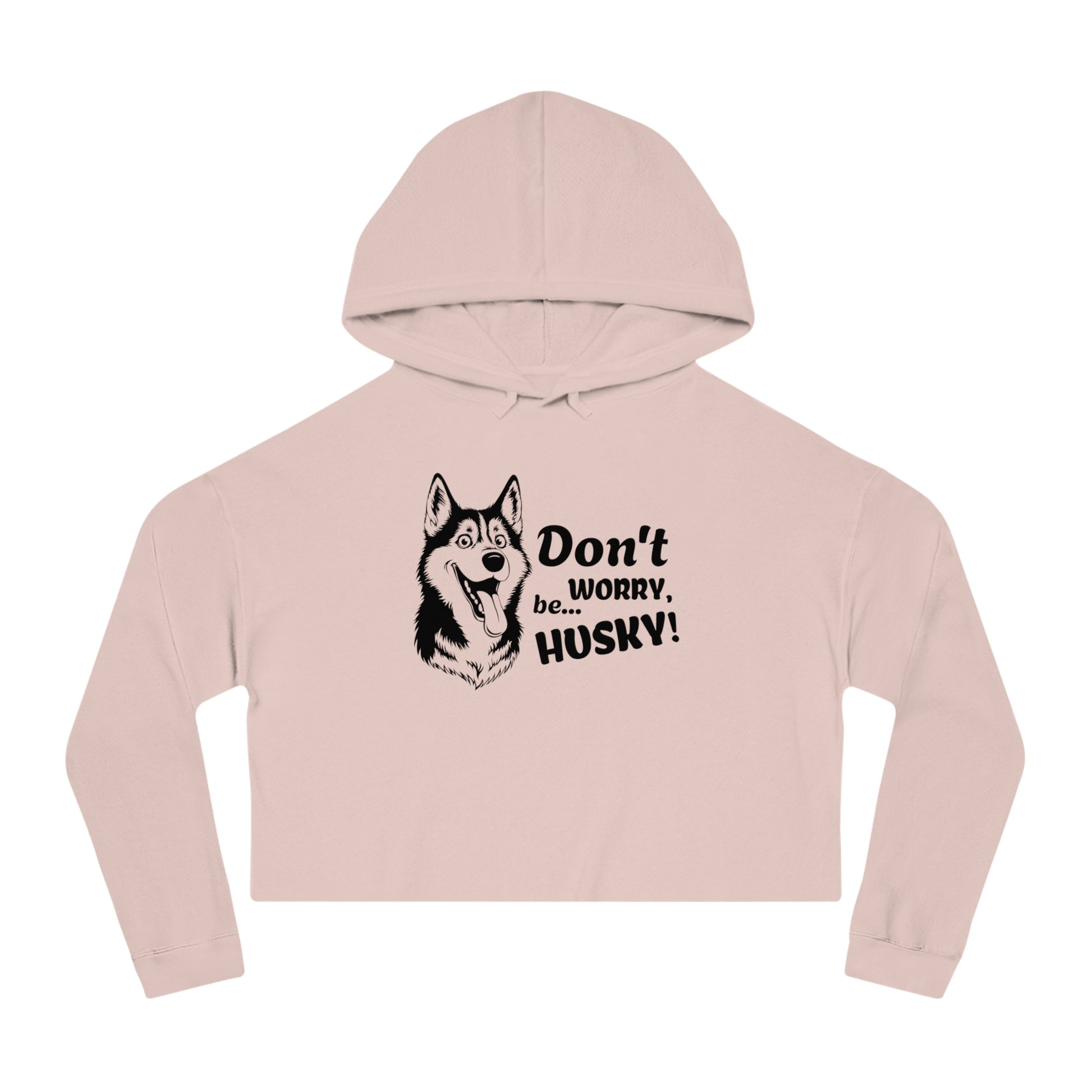 Pink cropped hoodie with husky graphic and text on a white background