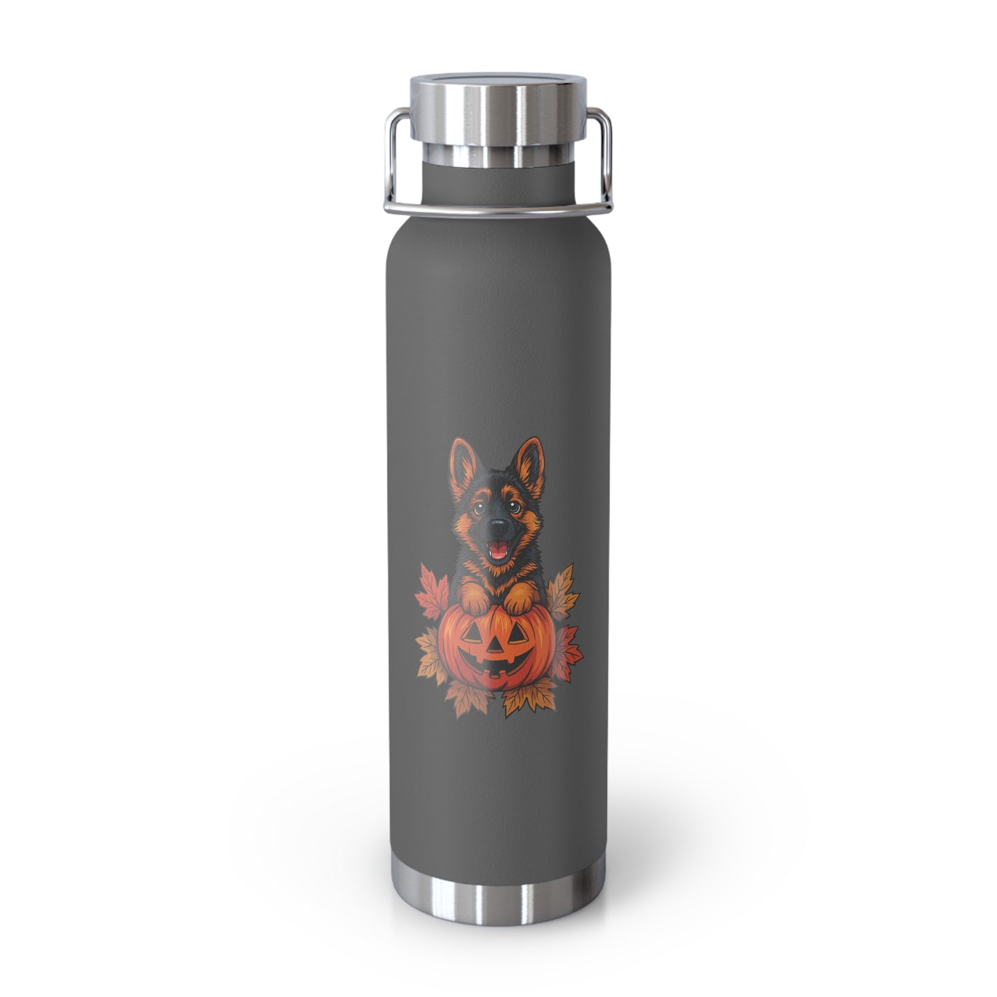 Gray water bottle with a dog and pumpkin design on a white background