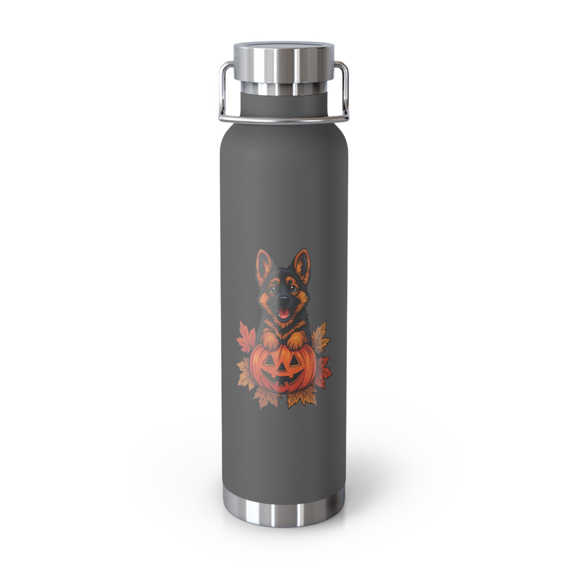 Gray water bottle with a dog and pumpkin design on a white background