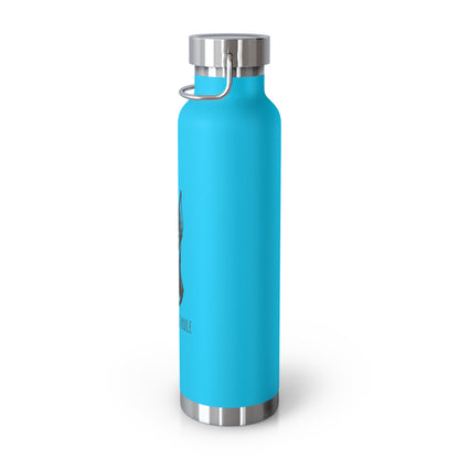 Blue water bottle with silver cap on a white background