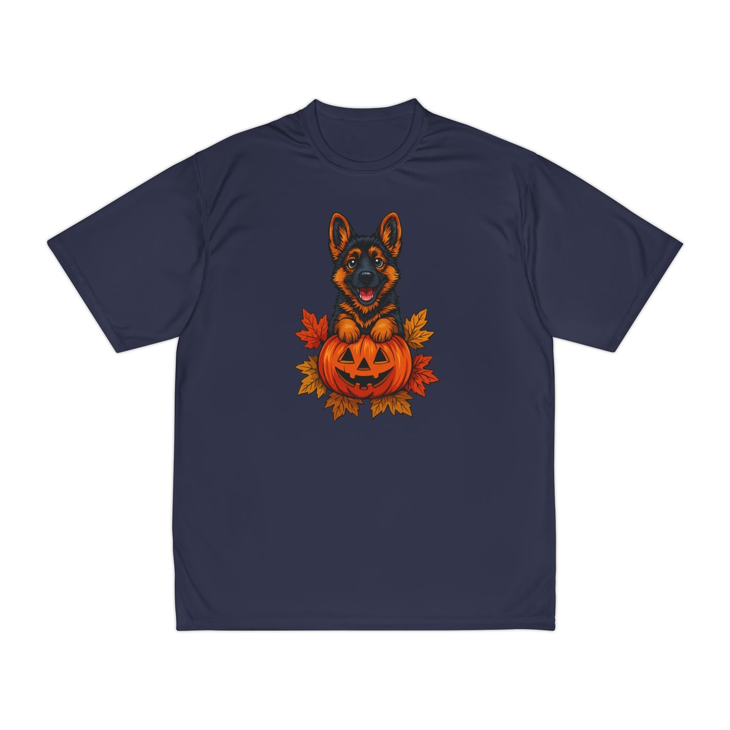 Navy blue t-shirt with a German Shepherd and pumpkin design on a white background