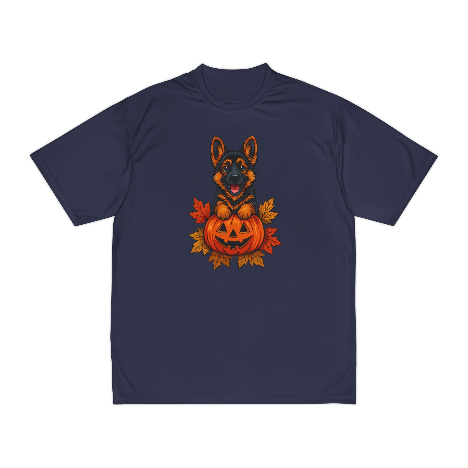 Navy blue t-shirt with a German Shepherd and pumpkin design on a white background