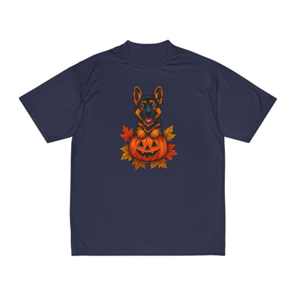 Navy blue t-shirt with a German Shepherd and pumpkin design on a white background