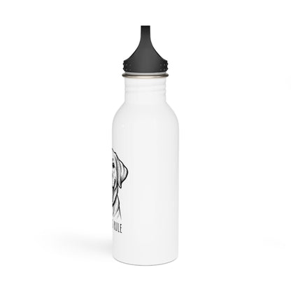 White water bottle with black cap and dog illustration on a white background