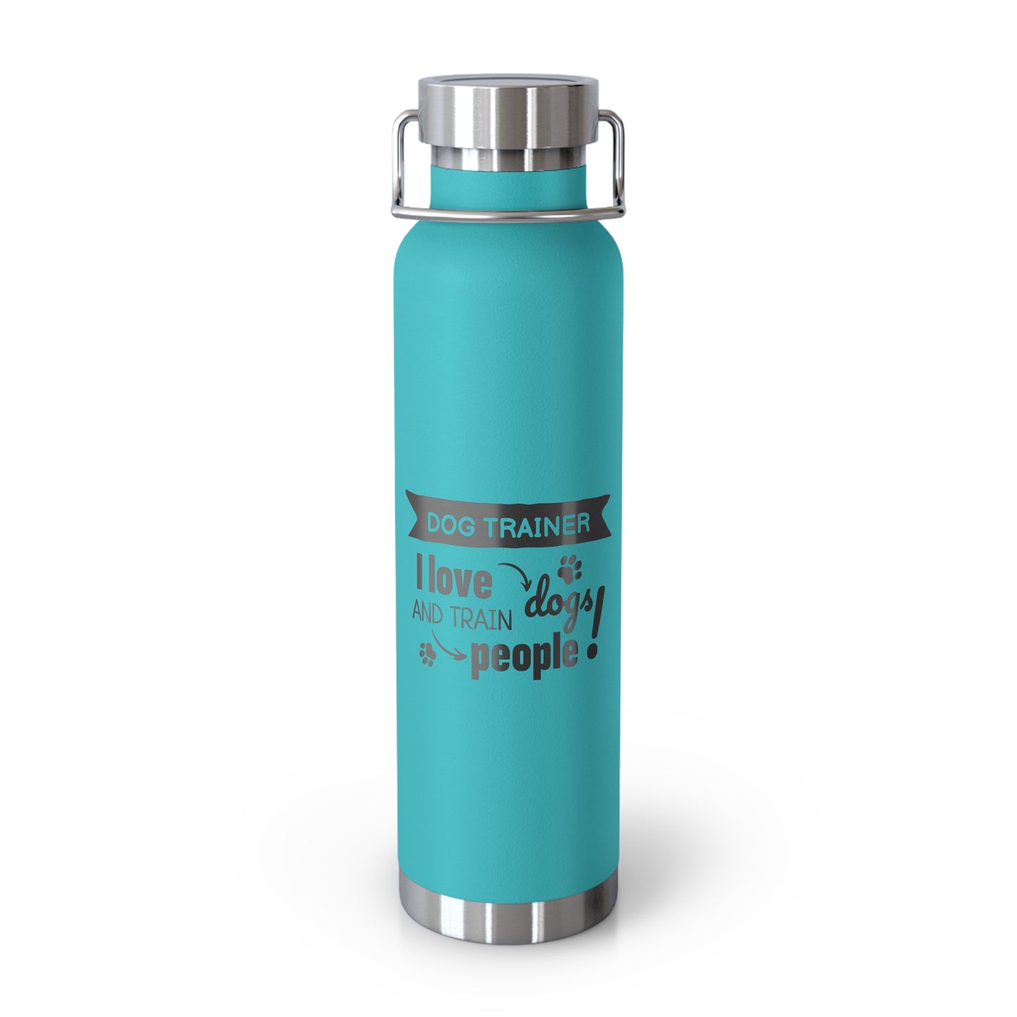 Turquoise water bottle with text on a white background