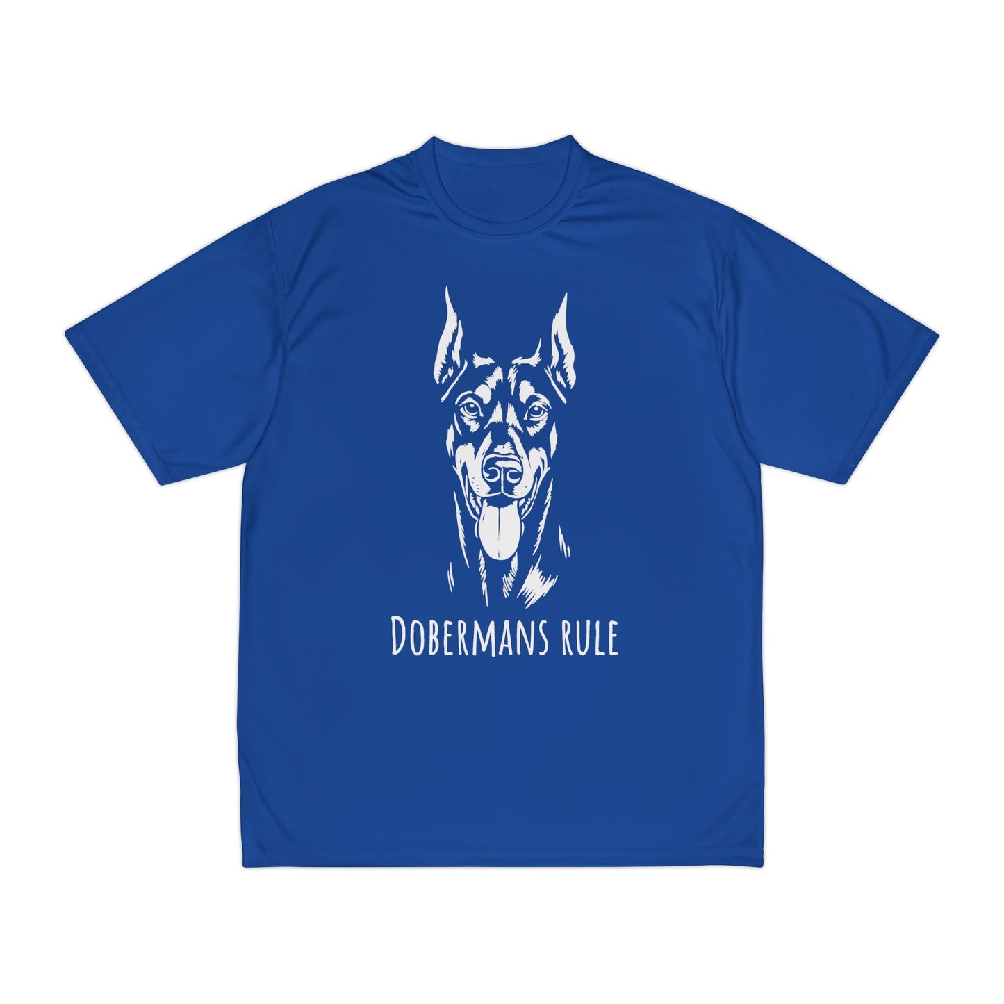 Blue t-shirt with a white Doberman graphic and 'Dobermans Rule' text on a white background