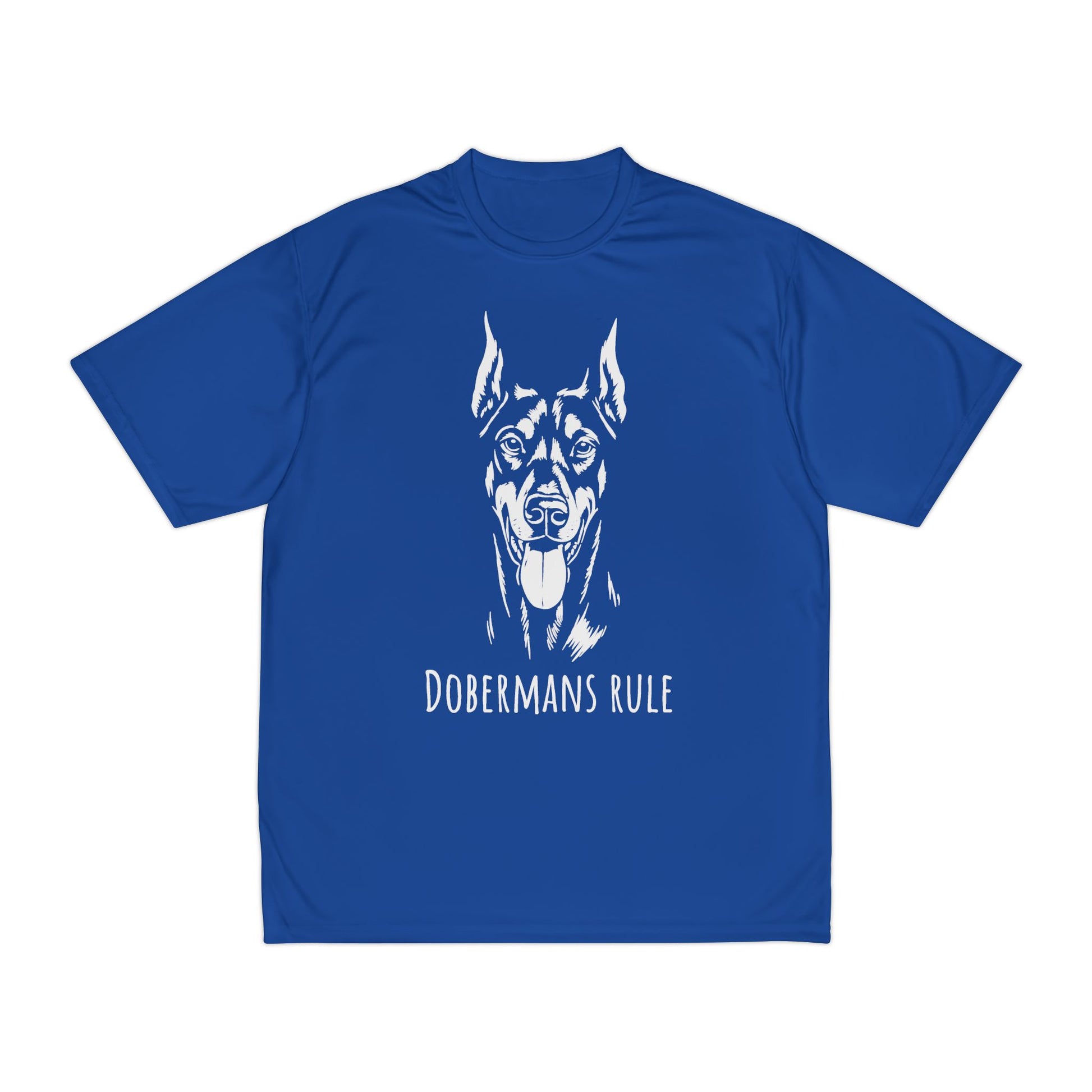 Blue t-shirt with a white Doberman graphic and 'Dobermans Rule' text on a white background