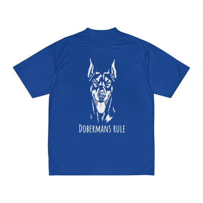 Blue t-shirt with a white Doberman graphic and 'Dobermans Rule' text on a white background