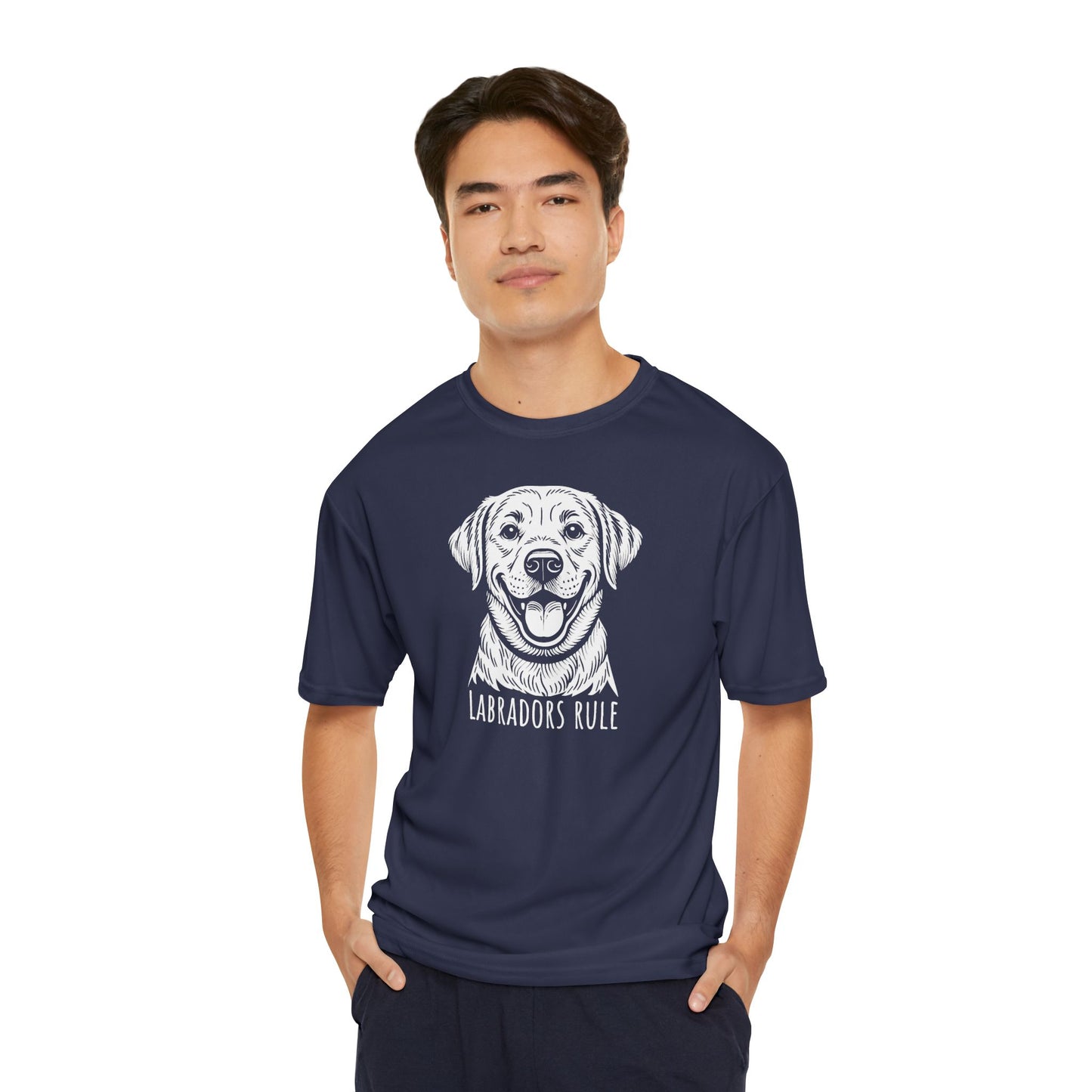 Man wearing a navy blue t-shirt with a dog graphic and 'Labradors Rule' text on a white background